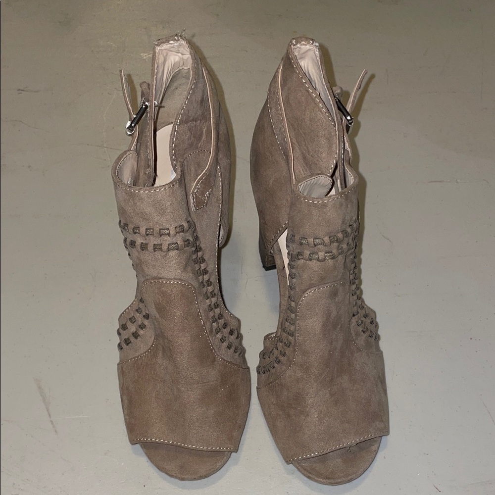 Cato Taupe Suede Peep-Toe Studded Slingback Heels